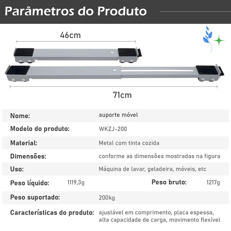 Suporte Base C/ Rodinhas Ajustável Máquina Lavar, Fogão, Geladeira E Móveis 200kg