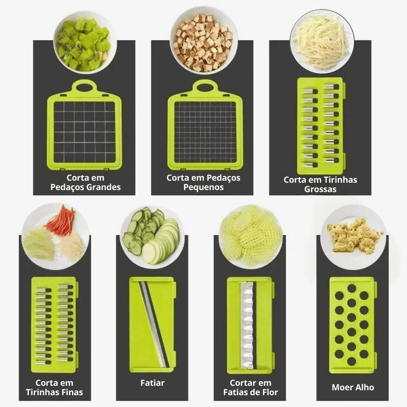 Cortador Multifuncional de Legumes 14/16 em 1 com Cabo, Ralador de Alimentos, Cortador de Legumes, Fatiador e Picador de Cozinha.